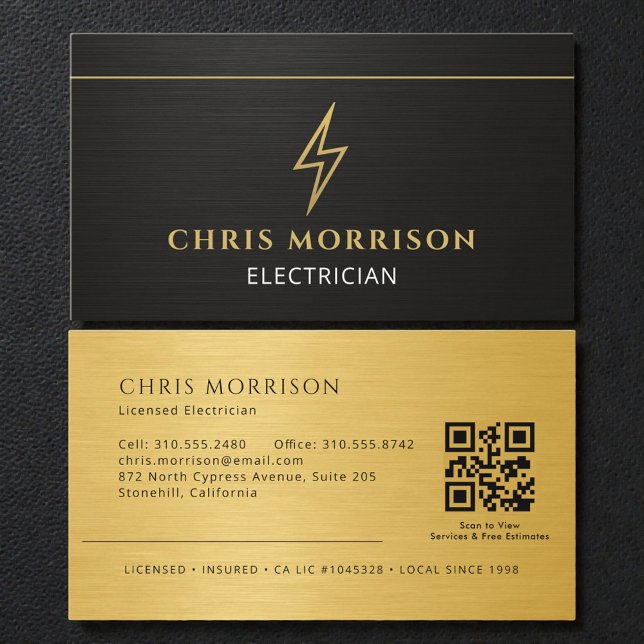 Carte De Visite Metallic Electrician Electrical Contractor QR Code (Créateur téléchargé)