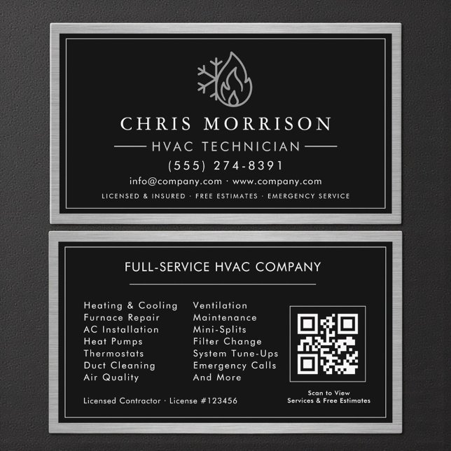 Carte De Visite Metallic HVAC Technician QR Code (Créateur téléchargé)