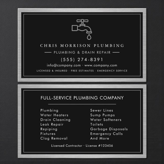 Carte De Visite Metallic Plumbing Services Plumber Black Silver  (Créateur téléchargé)