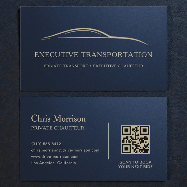 Carte De Visite Metallic Transport Car QR Code Navy Blue & Gold (Créateur téléchargé)