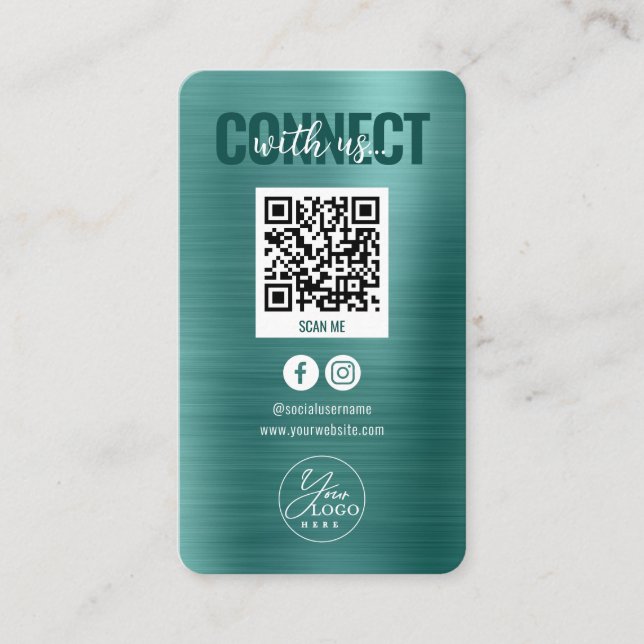 Carte De Visite Metallic Turquoise Connect avec les médias sociaux (Devant)