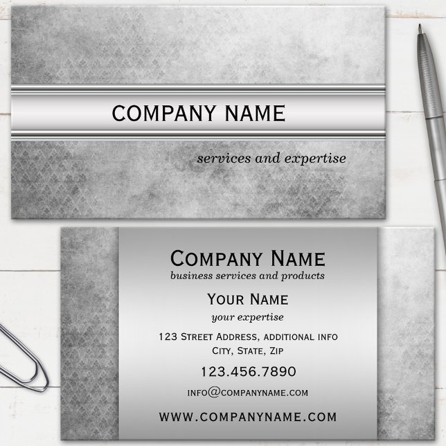 Carte De Visite Métallisé Argent Noir et Blanc Professionnel (Business card with silver grey metallic text fields on a grunge black and white background)