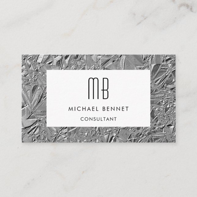 Carte de visite métallisée argent monogramme (Devant)