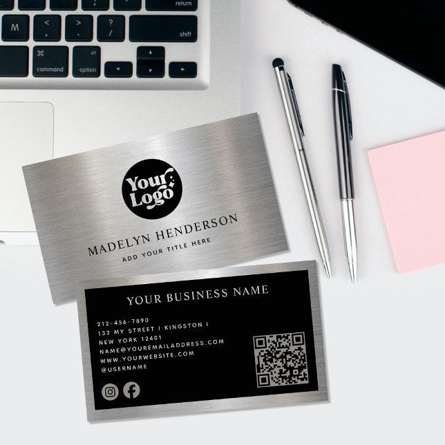 Carte De Visite Métallurgique noir logo QR Code Médias sociaux (Créateur téléchargé)