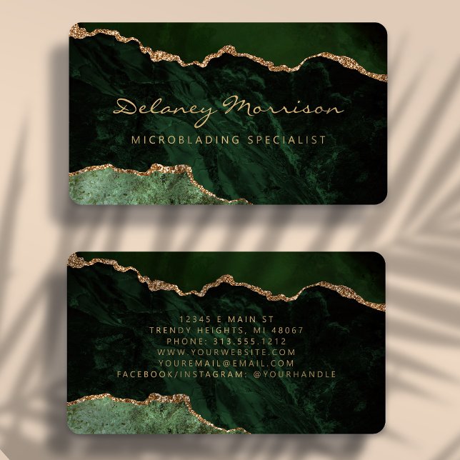 Carte De Visite Microblading Agate Vert Or Arrondi (Créateur téléchargé)