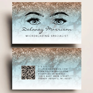 Carte De Visite Microblading Code QR Yeux Marbre Bronze Turquoise