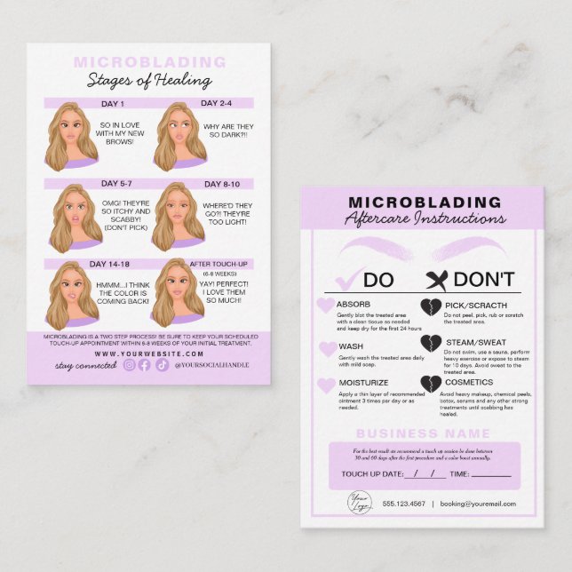 Carte De Visite Microblading Eyebrow Instructions pour les soins p (Devant / Derrière)