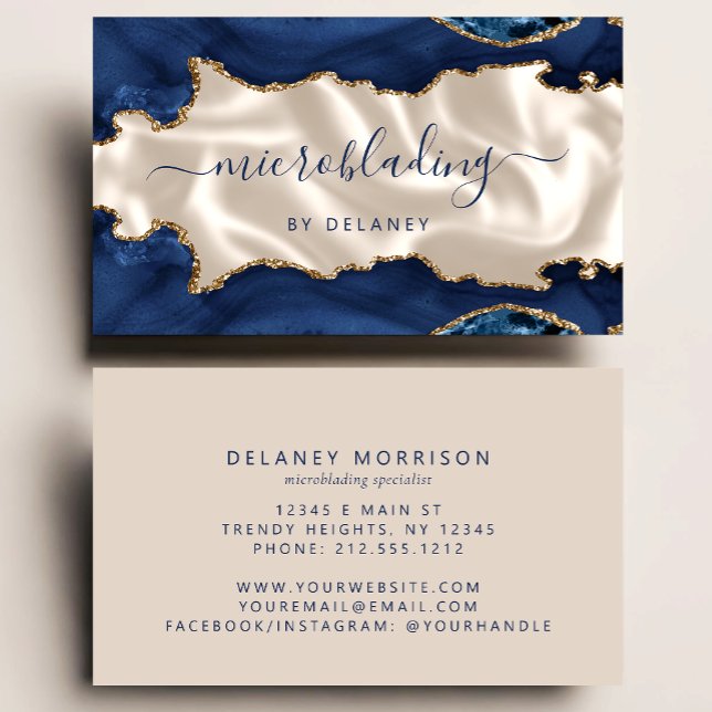 Carte De Visite Microblading Luxe Ivoire Agate Bleu Marine Or (Créateur téléchargé)