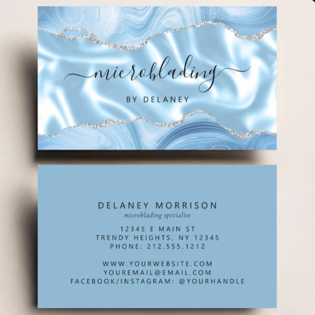 Carte De Visite Microblading Luxe Paillettes Argent Agate Bleue (Créateur téléchargé)