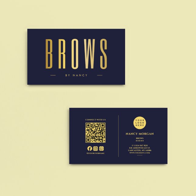 Carte De Visite Microblading Marine Et Or Brosse QR Code & Logo (Créateur téléchargé)