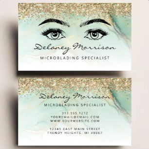 Carte De Visite Microblading Pailleté Vert Marbre Doré Glamour