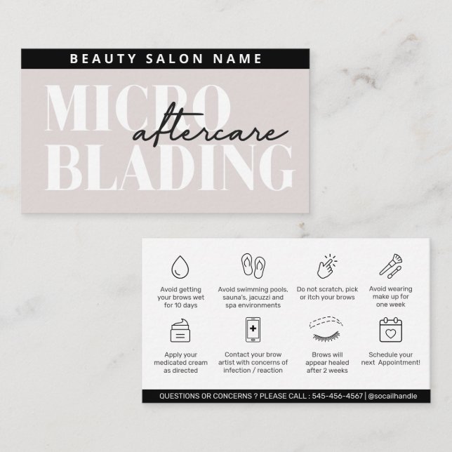 Carte De Visite Microblading Post-Care modifiable PMU Brow Eyebros (Devant / Derrière)