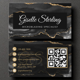 Carte De Visite Microblading QR Code Black Gold Agate Luxe