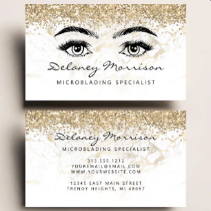 Carte De Visite Microblading Yeux Paillettes Marbre Blanc Or