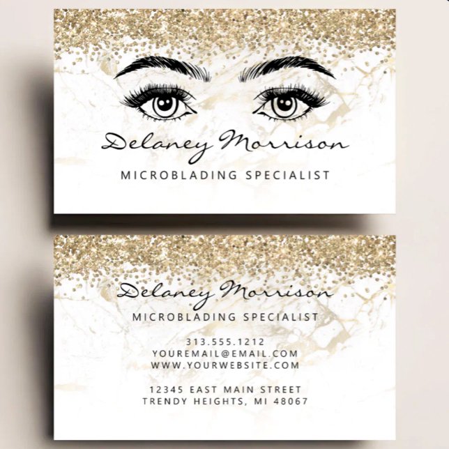 Carte De Visite Microblading Yeux Paillettes Marbre Blanc Or (Créateur téléchargé)