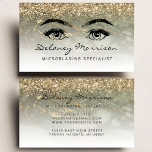 Carte De Visite Microblading Yeux Paillettes Or Marbre Vert Olive