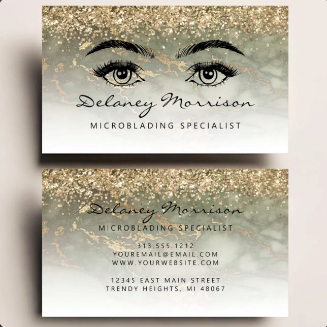 Carte De Visite Microblading Yeux Paillettes Or Marbre Vert Olive (Créateur téléchargé)