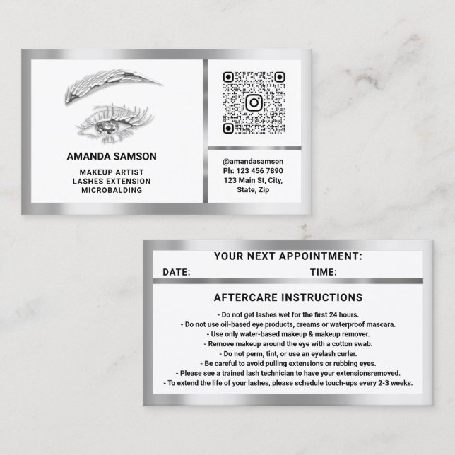 Carte De Visite Microlame Eyelash QRCODE Aftercare Silver White (Devant / Derrière)
