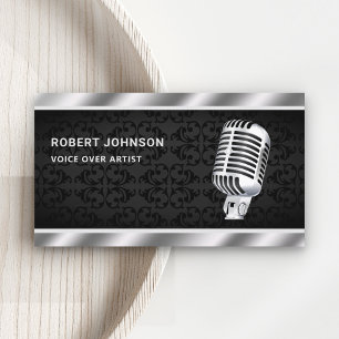 Carte De Visite Microphone Artiste de Voix en Damassé Noir Métalli
