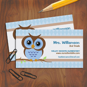 Carte De Visite Mignon Hibou Bleu de Dessin Animé Prof Contact