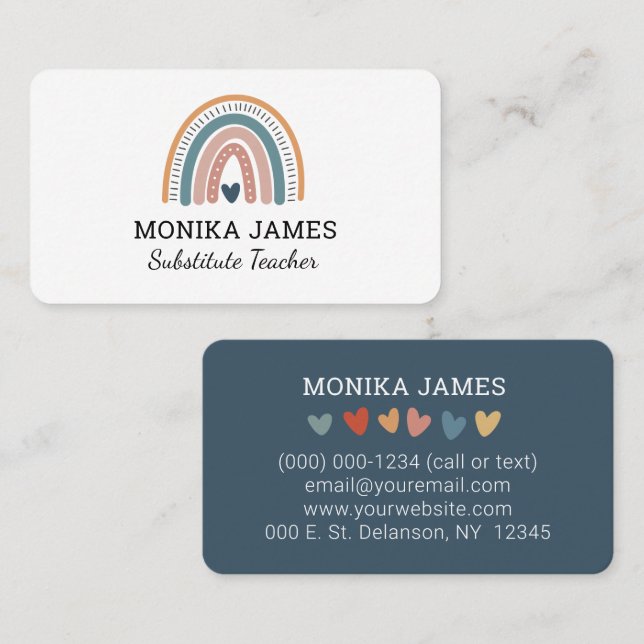 Carte De Visite Mignonne Enseignante Substitut Bleu Boho Arc-en-ci (Devant / Derrière)