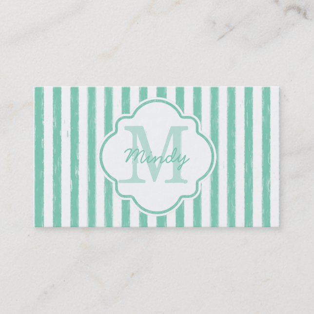 Carte De Visite Mignonne Mint Green Peint Grilles Monogramme et no (Devant)