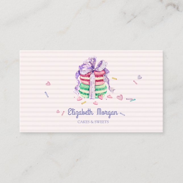 Carte De Visite Mignons Macarons Élégants, Friandises, Rayés (Devant)