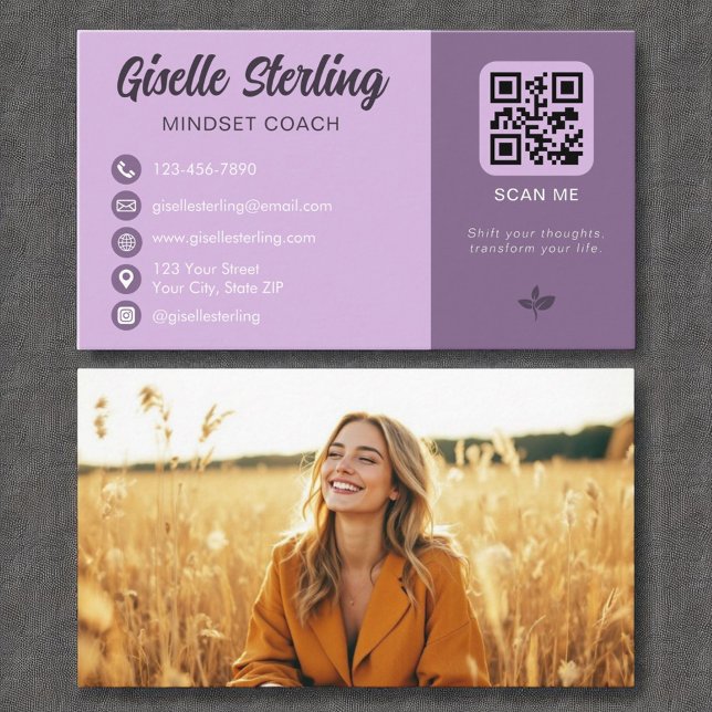 Carte De Visite Mindset Coach Lavender Purple QR Code Photo (Créateur téléchargé)