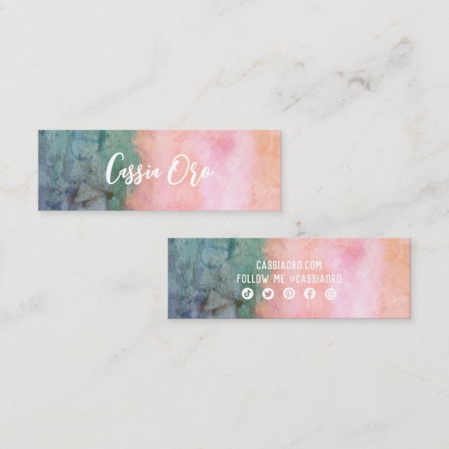 Carte De Visite Mini Aquarelle Abstraite rose Turquoise Icônes sociales (Devant / Derrière)
