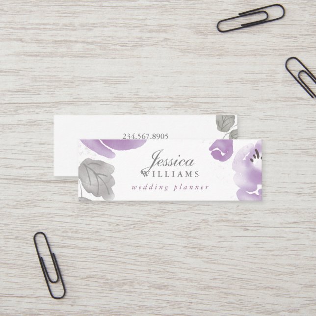 Carte De Visite Mini Aquarelle violette Roses Floral Mini Carte de visi (Devant/Arrière en situation)