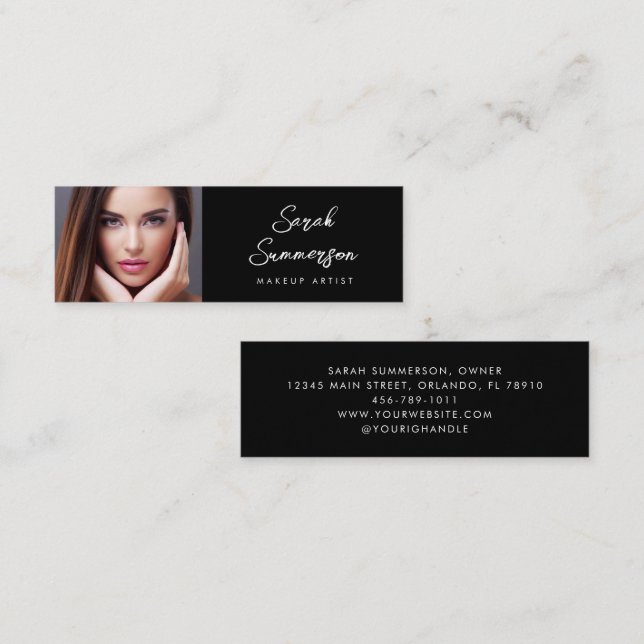 Carte De Visite Mini Black Elegant Minimal Photo Makeup (Devant / Derrière)