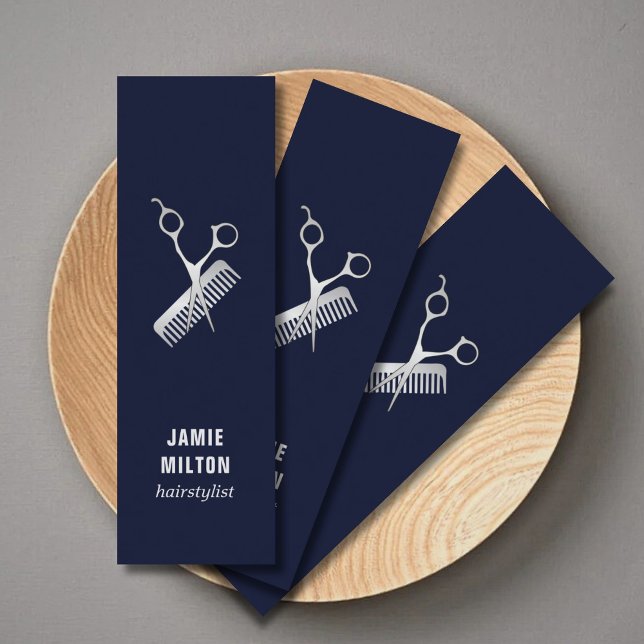 Carte De Visite Mini Bleu élégant moderne Faux peigne ciseau argent (Créateur téléchargé)