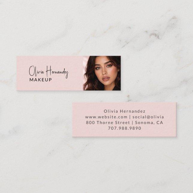 Carte De Visite Mini Blush Pink Black Script Photo Makeup (Devant / Derrière)