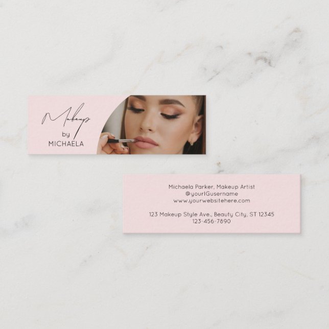 Carte De Visite Mini Blush Pink Black Script Photo Makeup (Devant / Derrière)