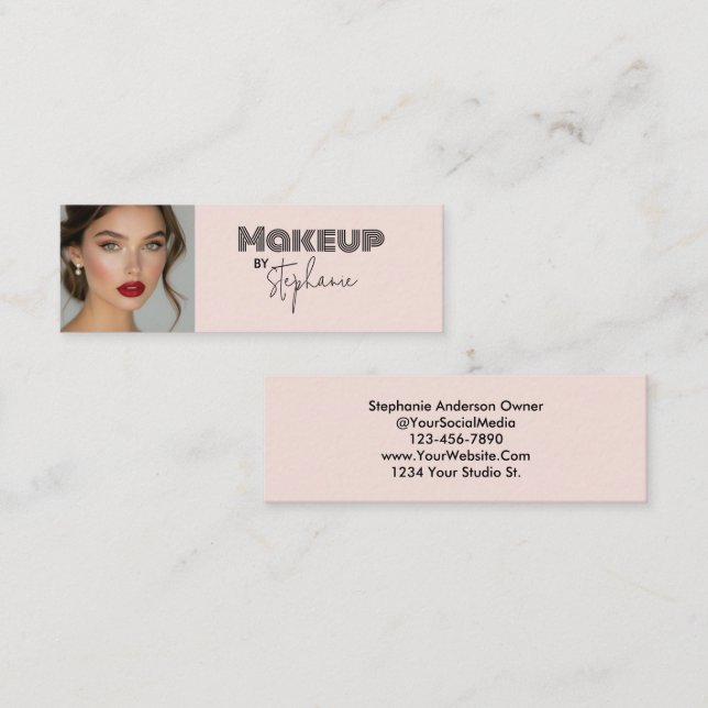Carte De Visite Mini Blush Pink Black Script Photo Makeup (Devant / Derrière)