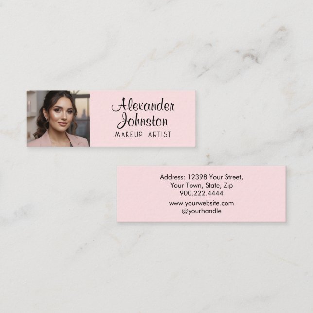 Carte De Visite Mini Blush Pink Black Script Photo Makeup Business Card (Devant / Derrière)