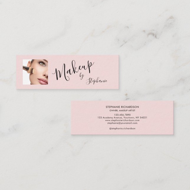 Carte De Visite Mini Blush Rose Maquillage Photo Script Noir  (Devant / Derrière)