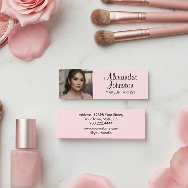 Carte De Visite Mini Blush Rose Noir Écriture Photo Maquillage MIni (Blush Pink Black Script Photo Makeup Business Card)