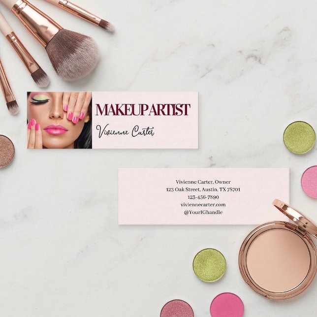 Carte De Visite Mini Blush Rose Noir Script Photo Maquillage Mini (Makeup Artist Blush Pink Business Card with Photo)