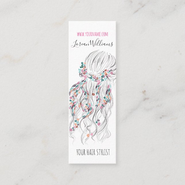 Carte De Visite Mini Boho moderne noir blanc Wavy Style cheveux floral (Devant)
