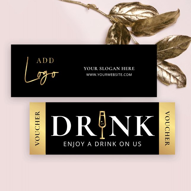 Carte De Visite Mini Bon de boisson Black & Gold pour l'événement profe (Luxurious black and gold drink voucher cards with space for your logo and custom text)