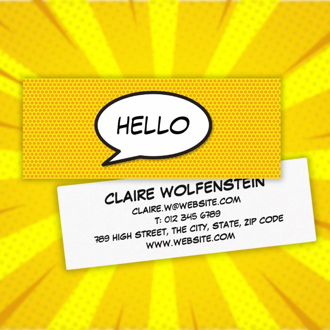 Carte De Visite Mini Bulle de texte amusante HELLO Bande dessinée rétro (HELLO Speech Bubble Fun Retro Comic Book Mini Business Card)