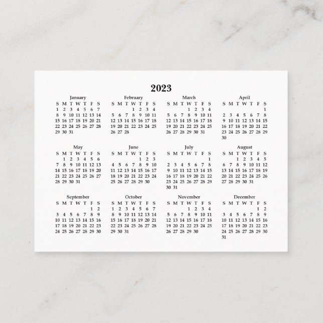 Carte De Visite Mini calendrier 2023 DIMANCHE Début blanc (Dos)