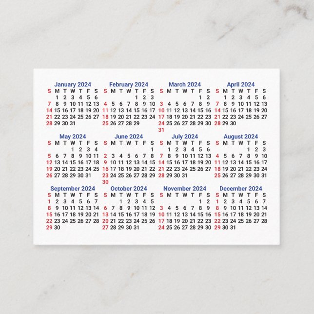 Carte De Visite Mini Calendrier 2024 DIMANCHE Début San Serif Poli (Dos)