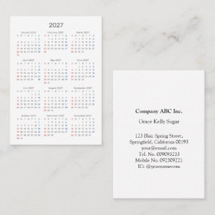 Carte De Visite Mini-calendrier 2027 tout blanc à partir du dimanc