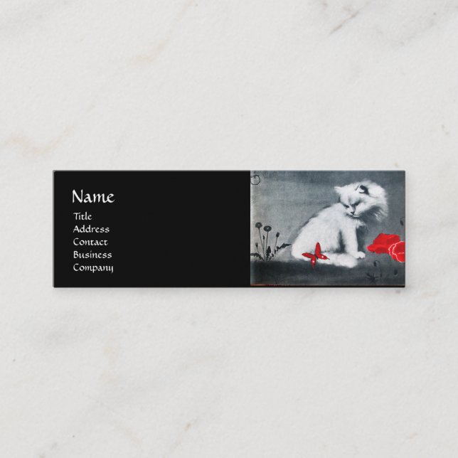 Carte De Visite Mini CHAT BLANC AVEC papier perlé ROUGE MONOGRAMME (Devant)