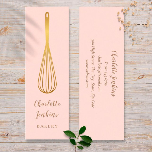 Carte De Visite Mini Chef Pâtissier Fouet Rose Pâle Or (Créateur téléchargé)