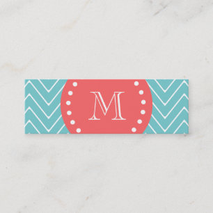 Carte De Visite Mini Chevron turquoise et de corail avec le monogramme
