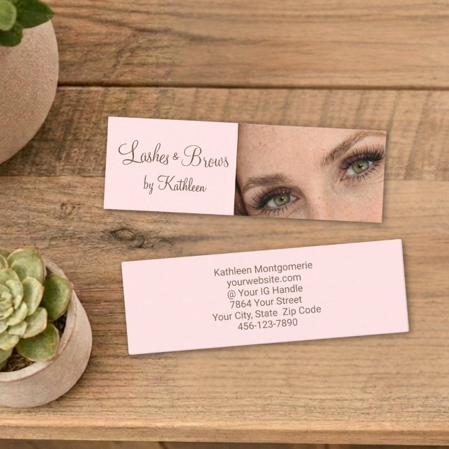Carte De Visite Mini Cils et Sourcils Script Photo Rose Pâle Mocha (Créateur téléchargé)
