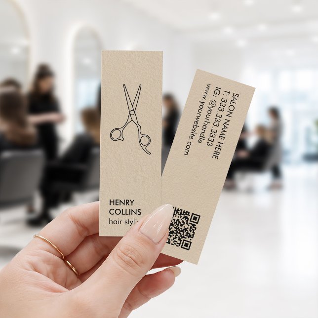 Carte De Visite Mini Ciseaux de coiffeur Code QR Papier Kraft Beige (Créateur téléchargé)